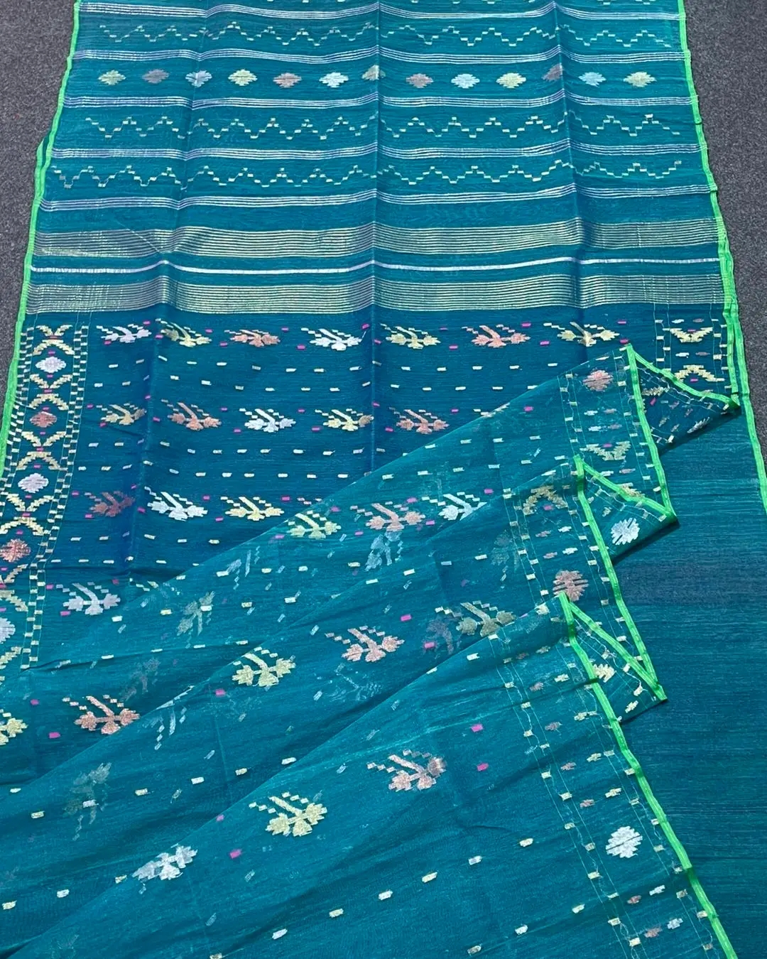 1748259666149 Sea-green with golden and silver Jamdani Saree - Image 1