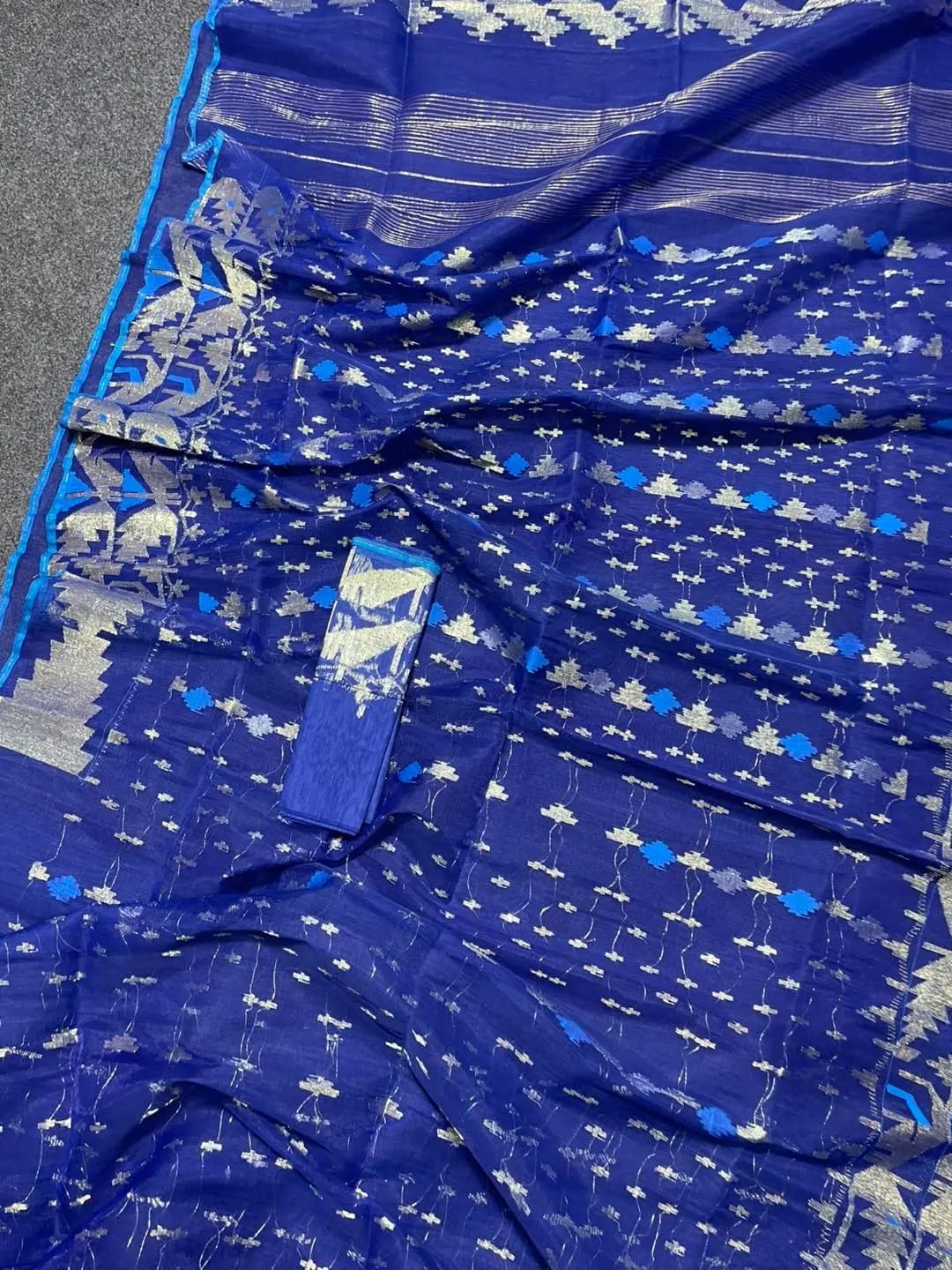 c66b75f6-f26c-477b-b38e-700685c8c6c1 Blue and silver Half silk Jamdani saree - Image 1