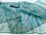 Teal with golden and copper Jamdani Saree - Image 4