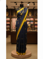 Dark navyblue with yellow monipui saree